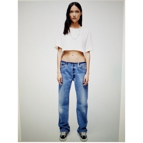 RE/DONE Raw Waist Low Slung 90’s Crop Jeans in Cool Medium Blue Wash